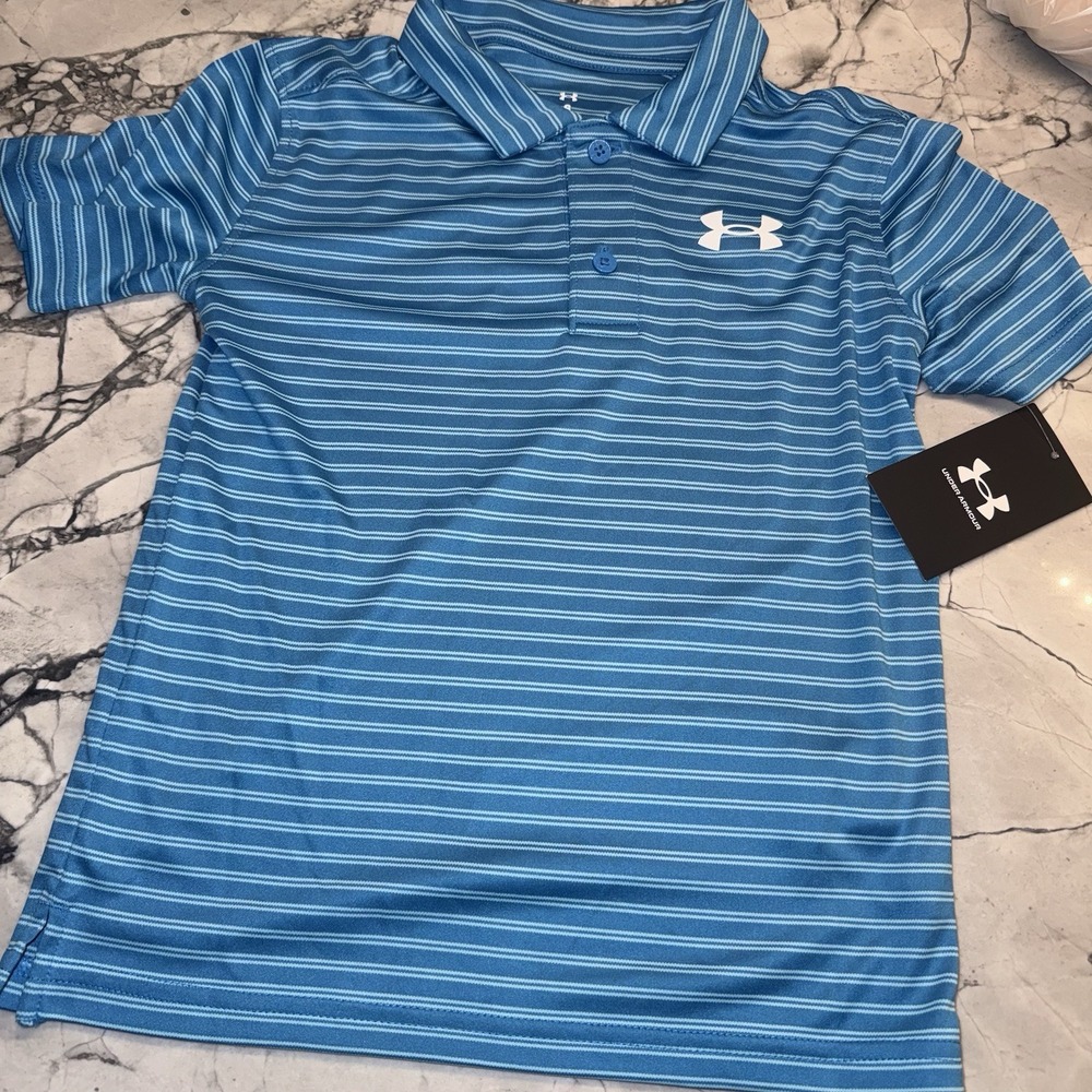 Under Armour Boys Size 6 Blue Striped Polo Shirt NEW